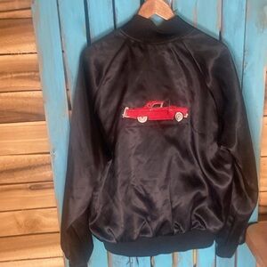 Vintage ‘55 Ford Thunderbird satin bomber jacket size XL black red made USA
